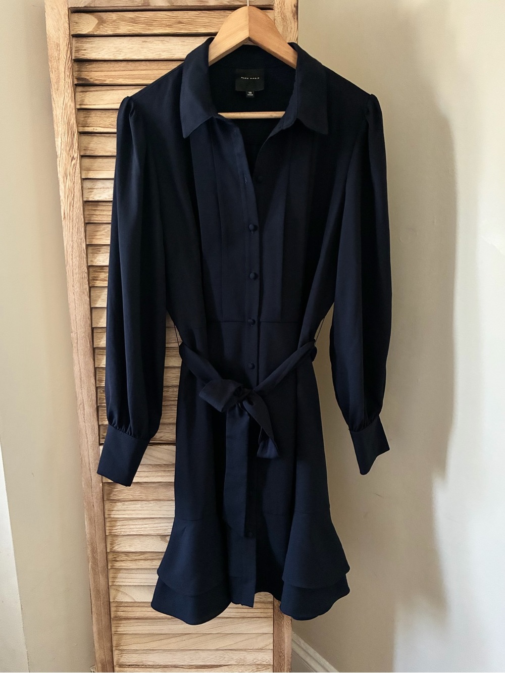 Alex Marie Black Long Sleeve Ruffle Hem Belted Shirt Dress Size 10